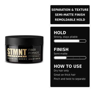 STMNT Fiber Pomade guide: strong pliable hold, semi-matte finish, use on dry hair